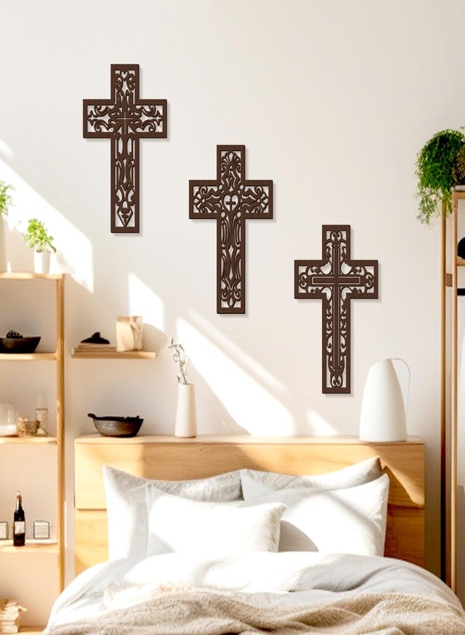 Bnesi 3 Pcs Wooden Cross Wall Art - Brown Carved Pattern Religious Crosses for Living Room, Church, Wedding, Office, Hospital - Image 2